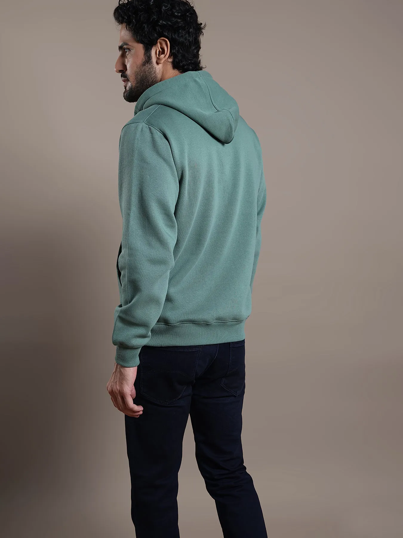 Knitted Green Printed Full Sleeve Casual Hooded Sweatshirt