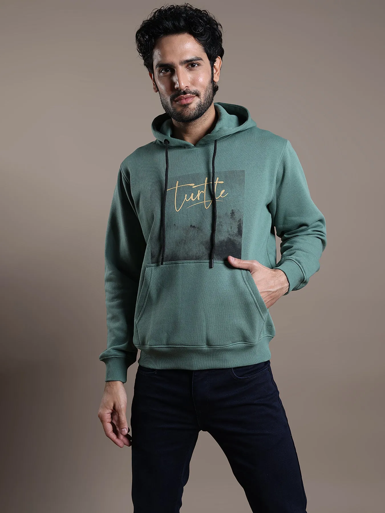 Knitted Green Printed Full Sleeve Casual Hooded Sweatshirt