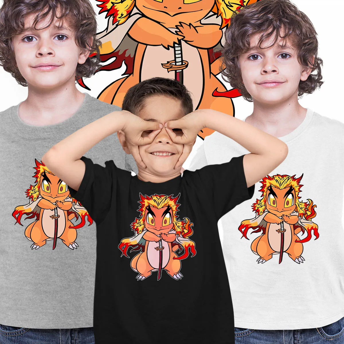 Kyojuro Rengoku Pokemon Charmander Demon Slayer Manga Anime T-shirt for Kids