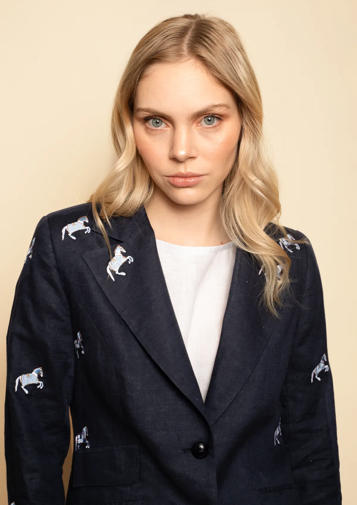 Linen Embroidered Blazer | Navy