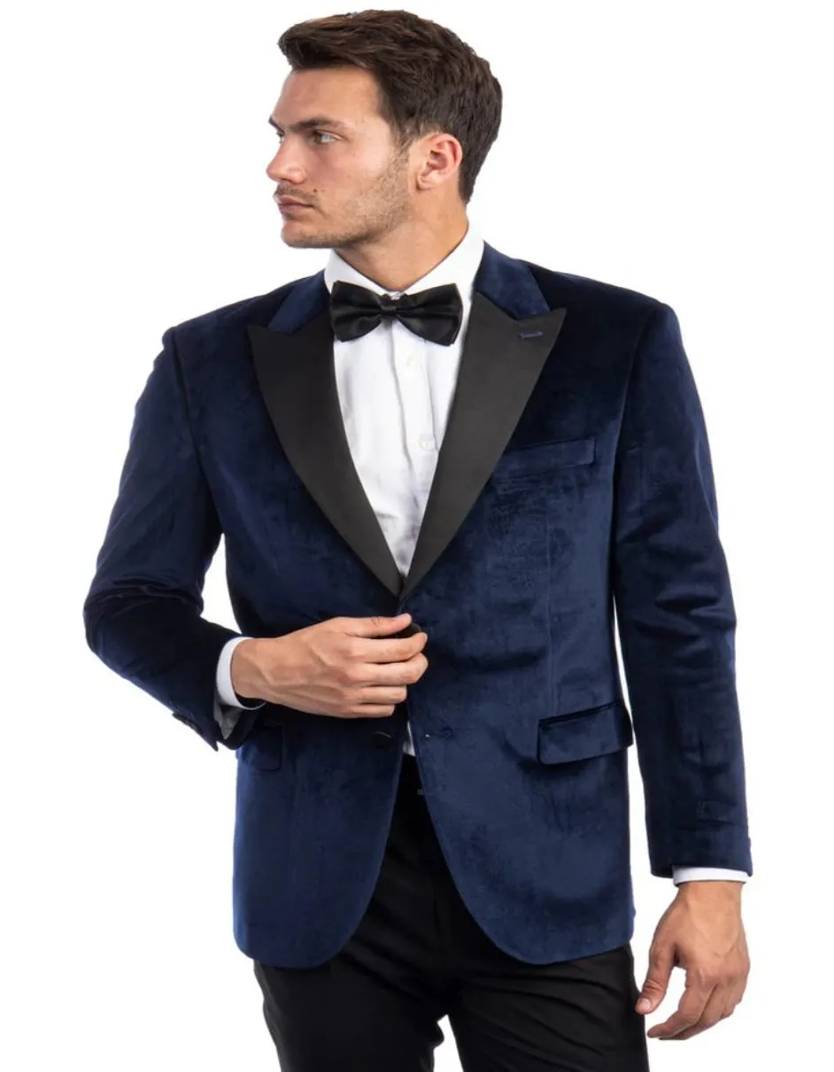 Mens Two Button Peak Lapel Velvet Wedding & Navy Blue Prom Tuxedo Jacket