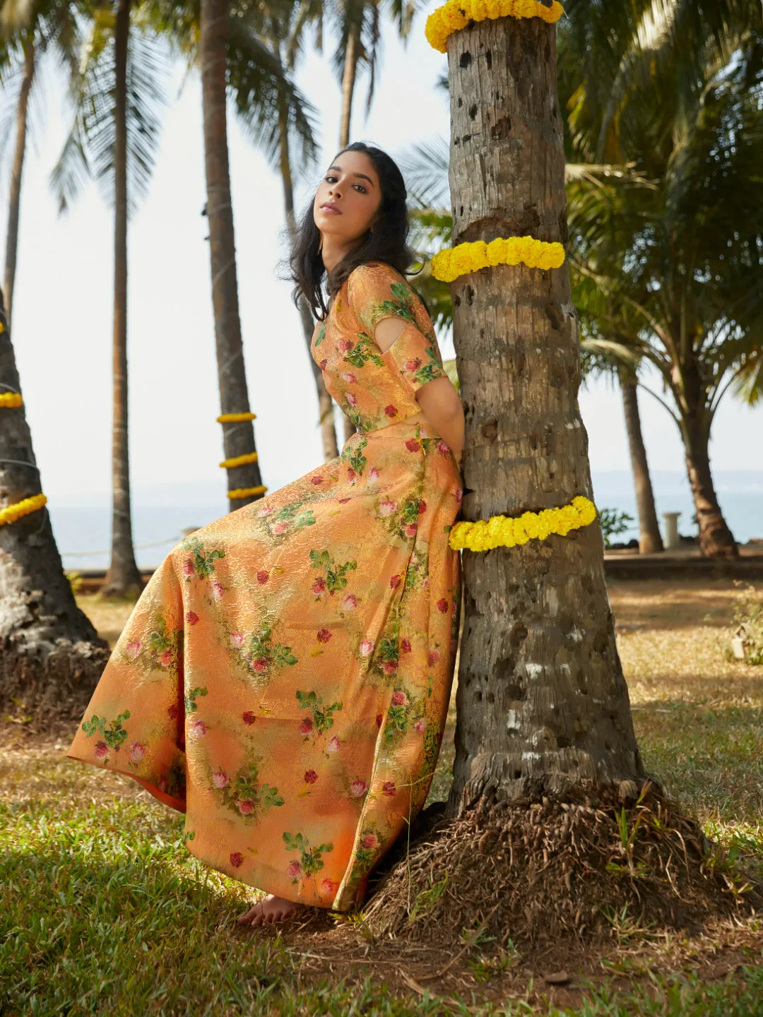 Mustard Printed Jacquard Flaired Skirt Top