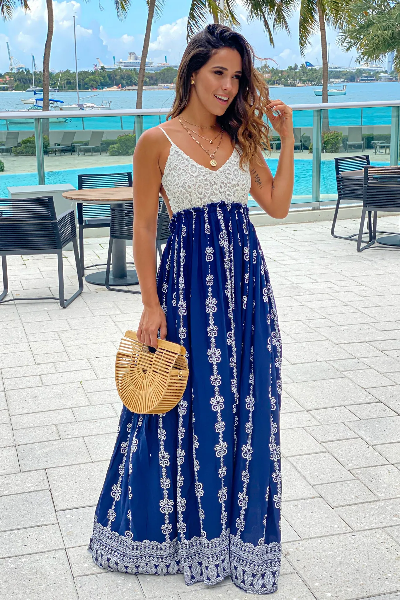 Navy Printed Maxi Dress with Crochet Top