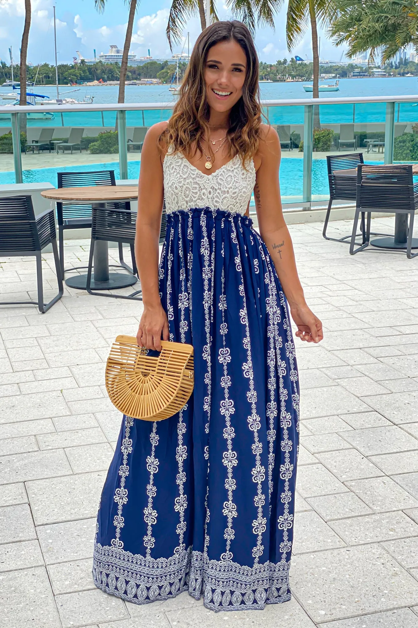 Navy Printed Maxi Dress with Crochet Top