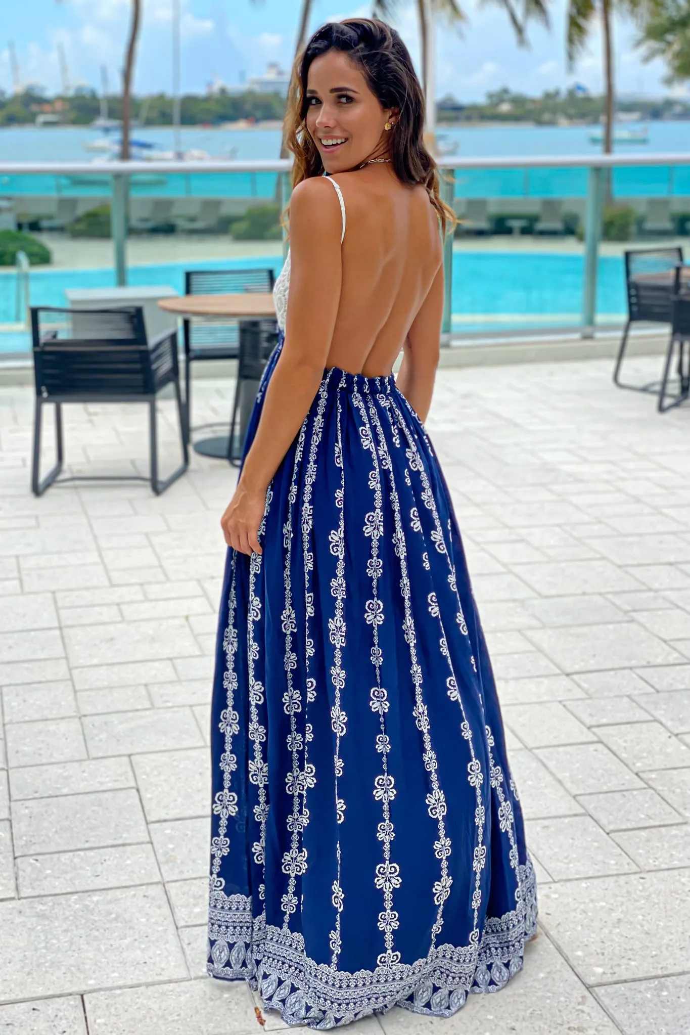 Navy Printed Maxi Dress with Crochet Top