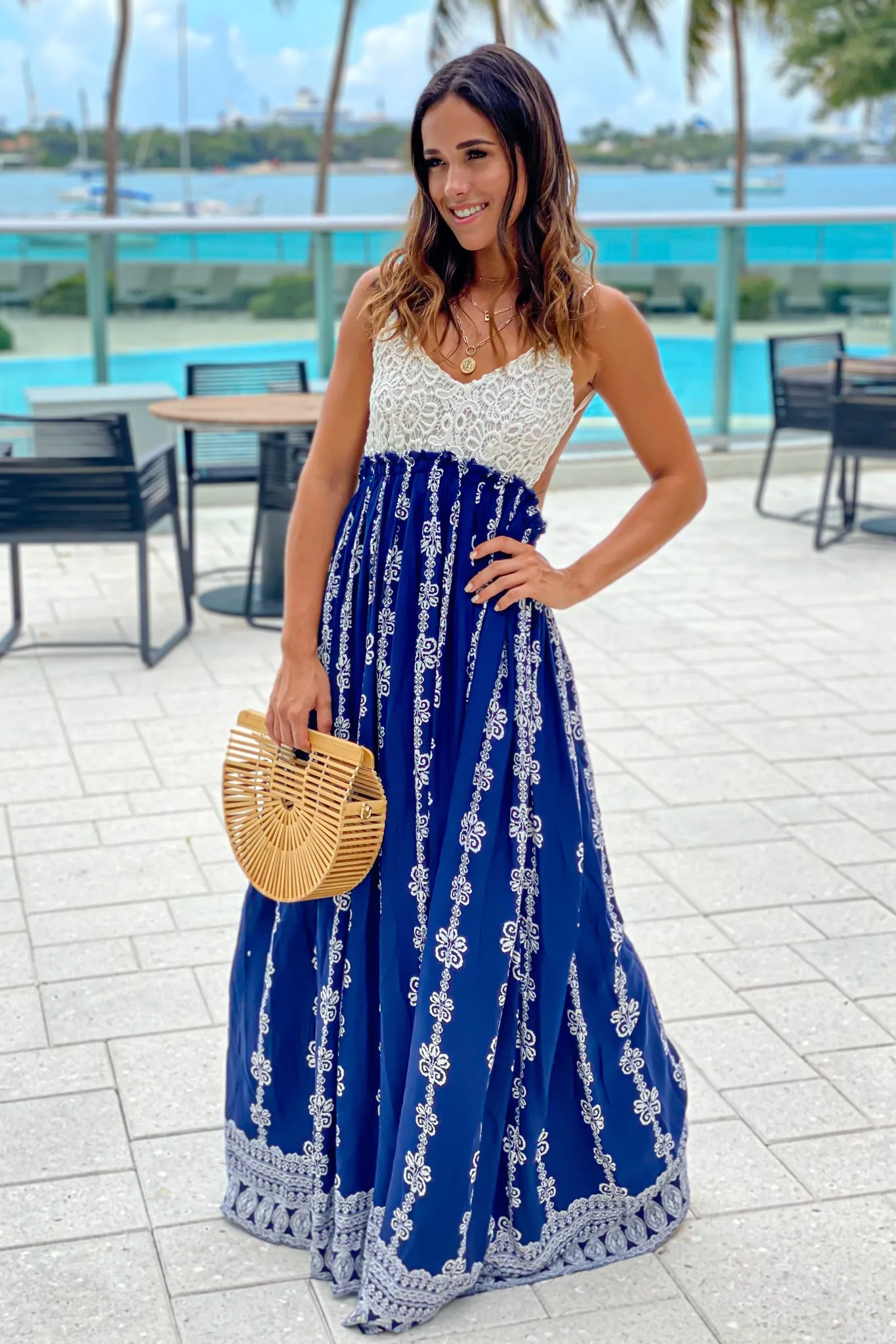 Navy Printed Maxi Dress with Crochet Top