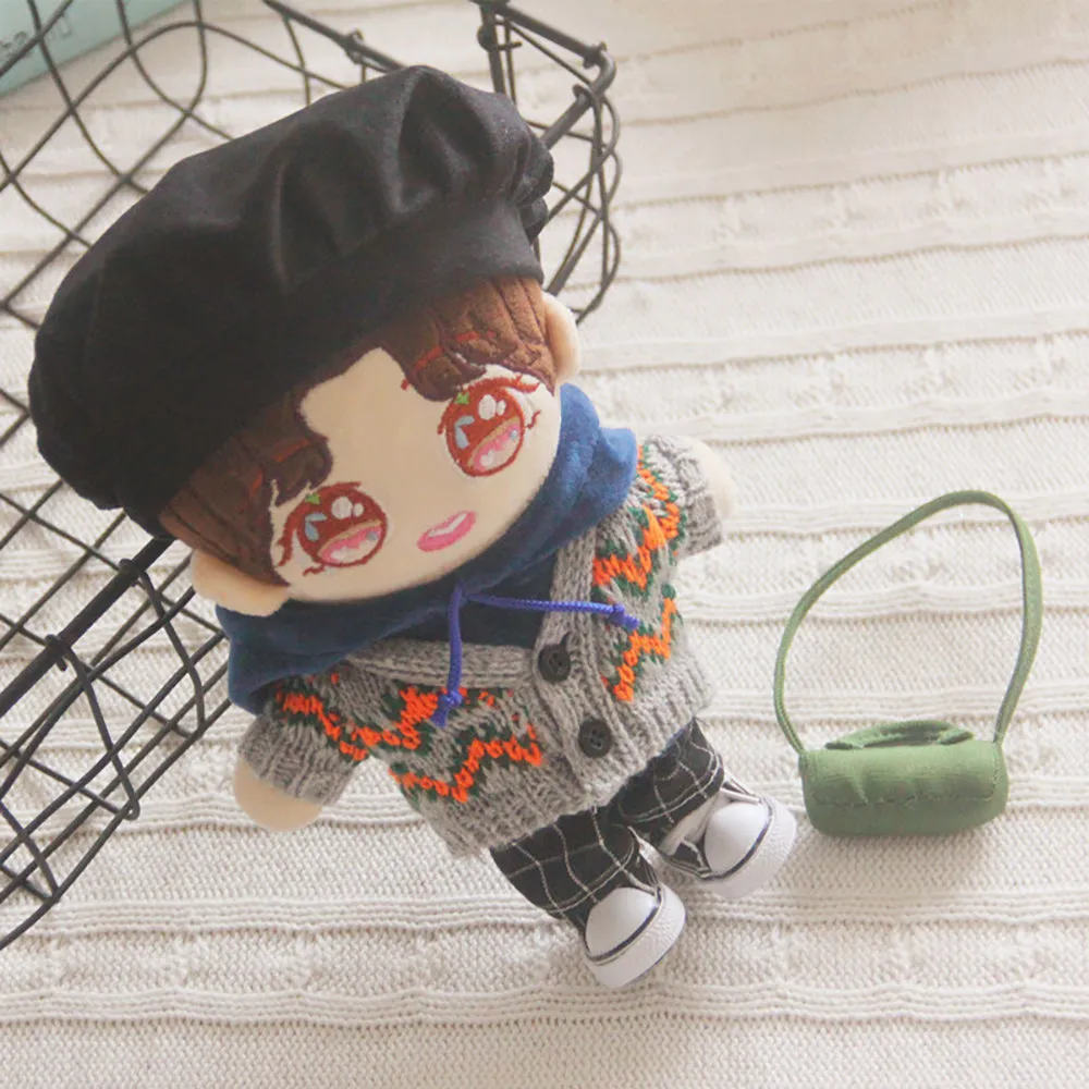 niannyyhouse Berets Sweater Blue Sweatshirt Plaid Pants Green Backpack Dress Up 8in（20cm） Plush Doll Clothes