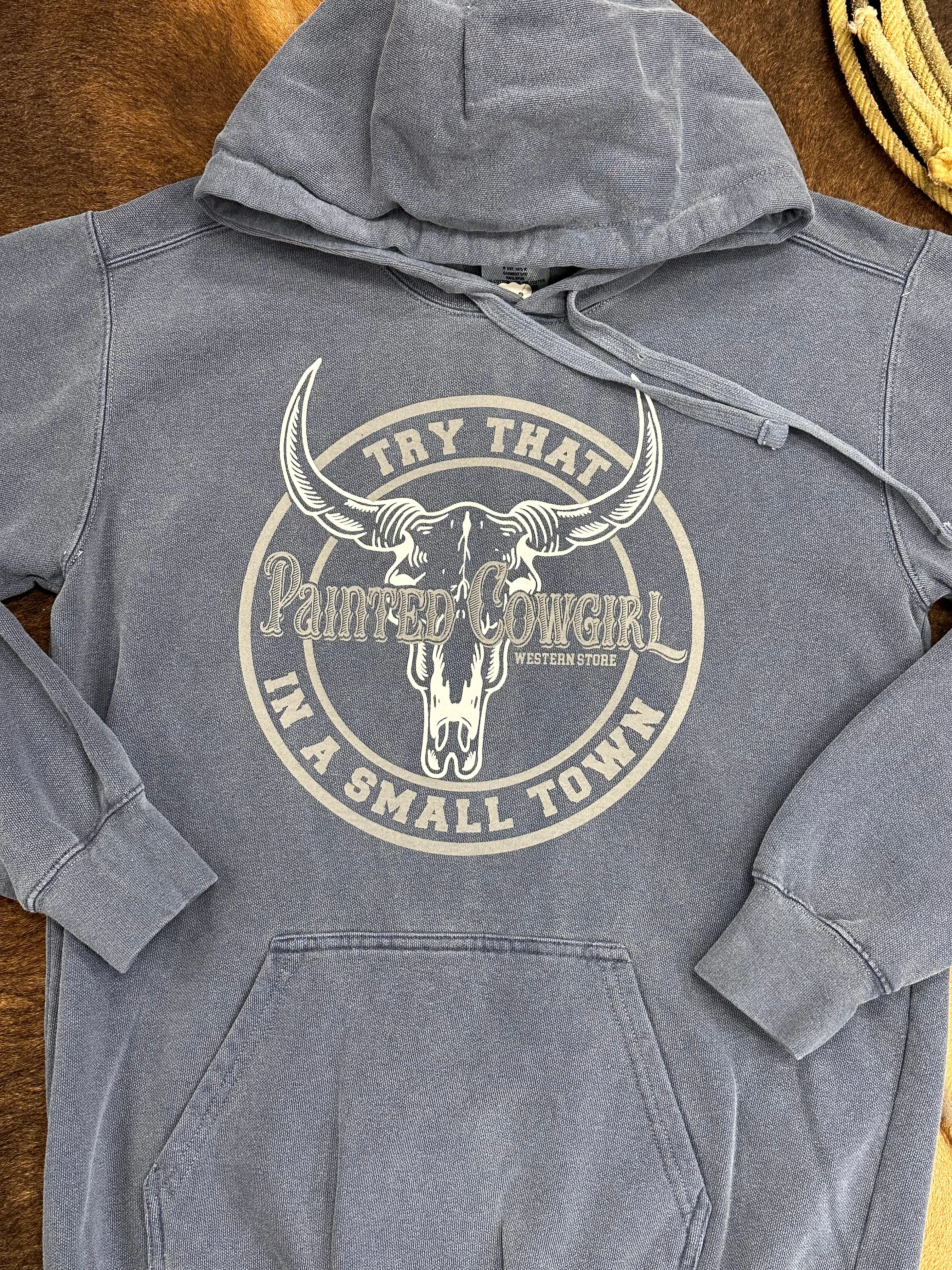 Painted Cowgirl Unisex Small Town Faded Denim Hoodie