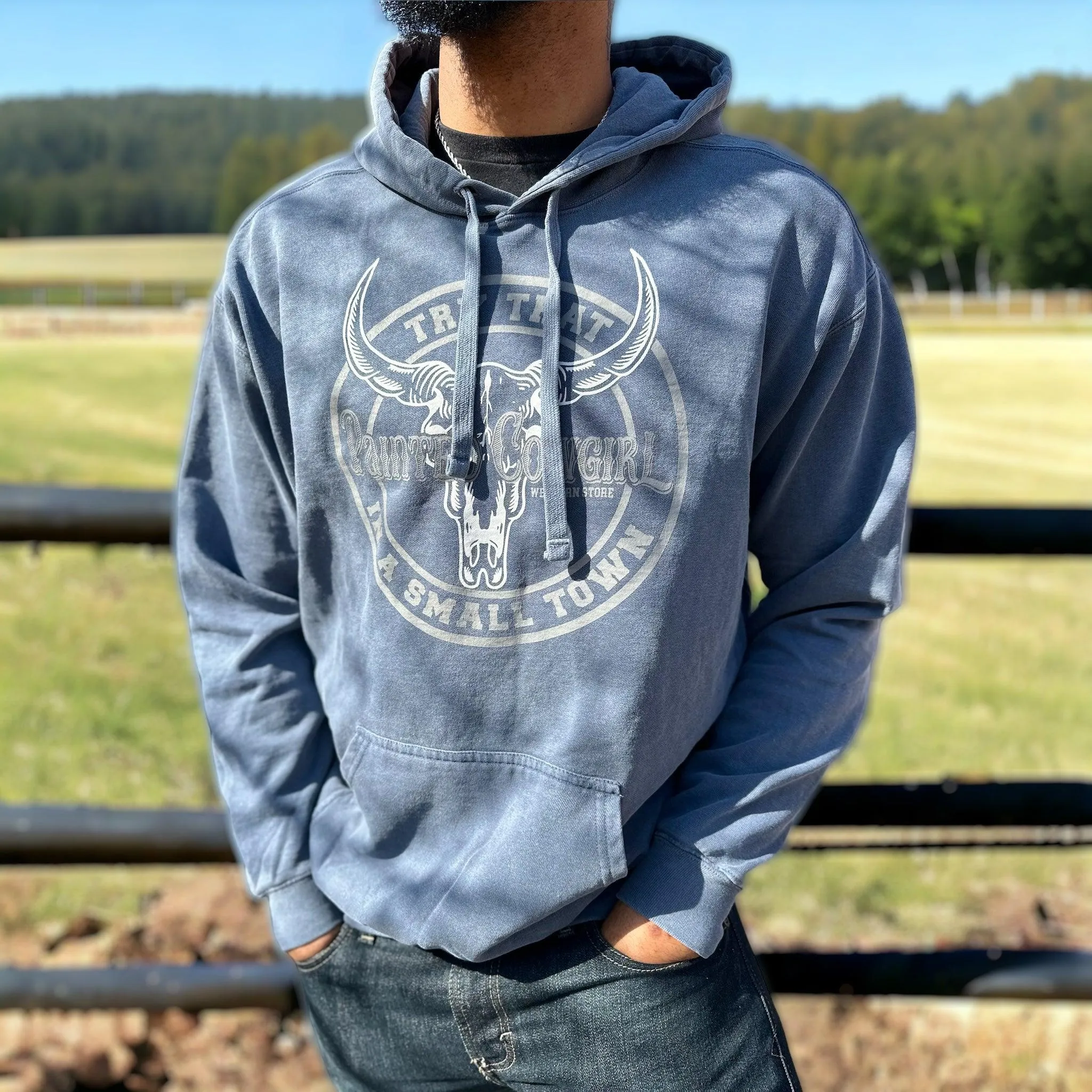 Painted Cowgirl Unisex Small Town Faded Denim Hoodie