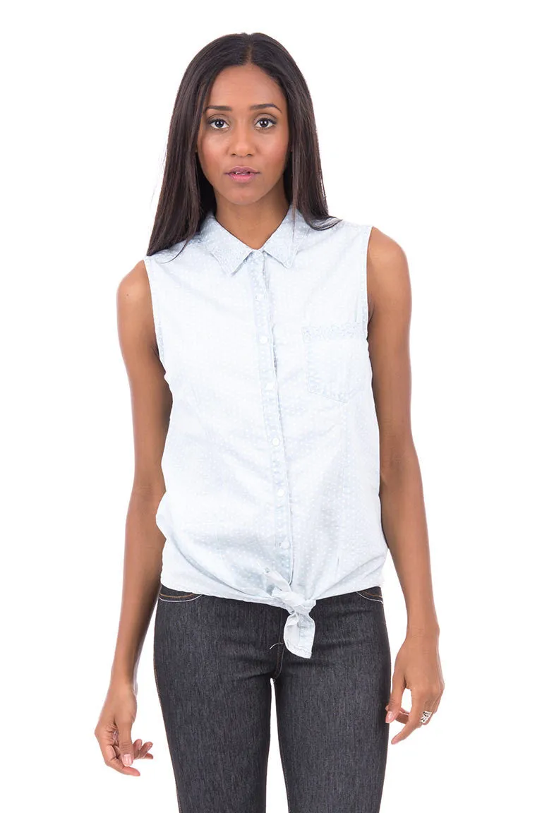 Polka Dot Denim Shirt With Tie- Plus Sizes Available