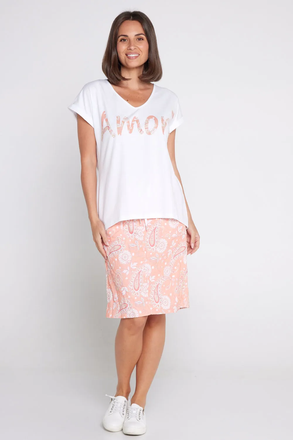 Printed Crushed Drawstring Skirt - Peach Paisley