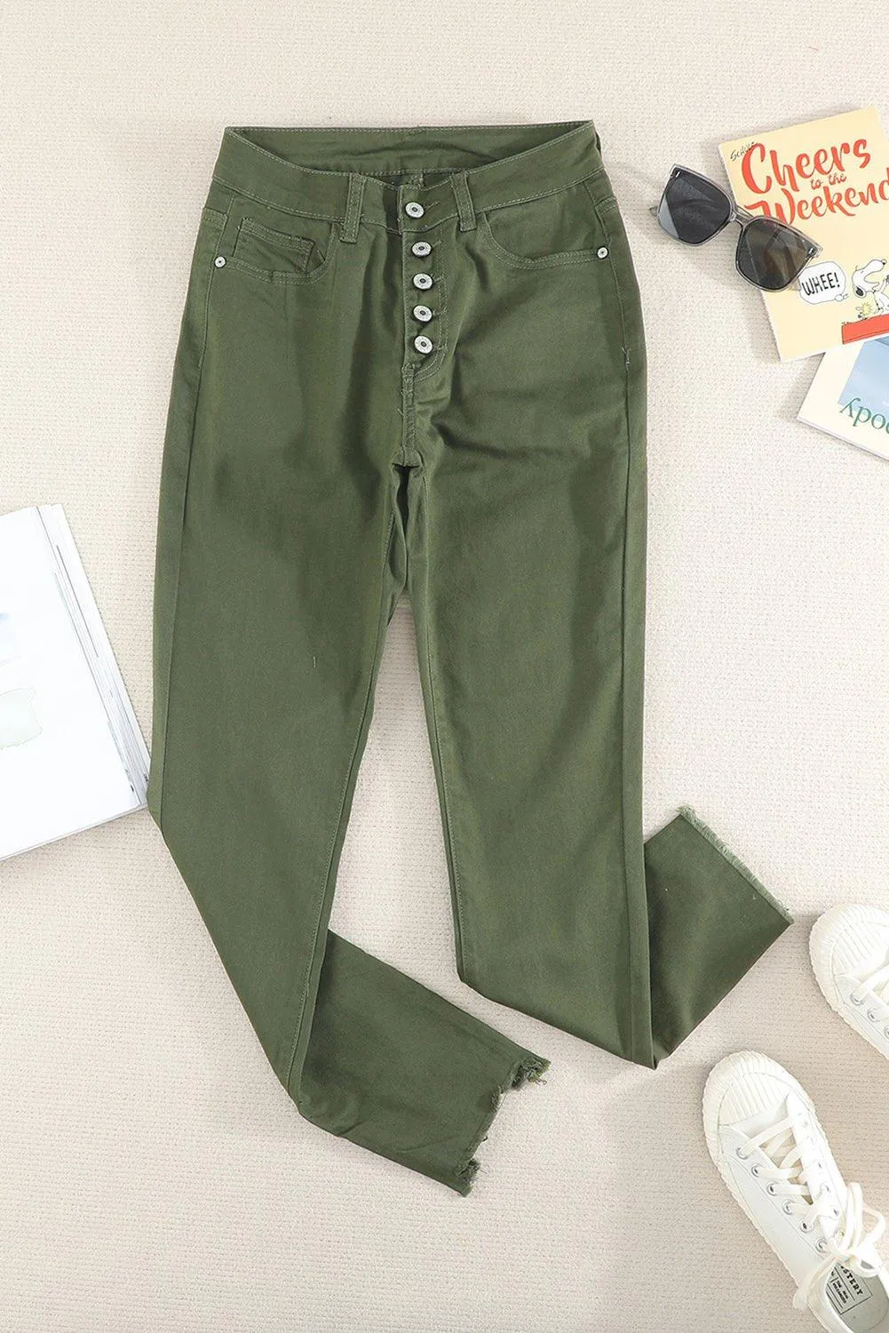 Sage Green Frayed Denim Jeans