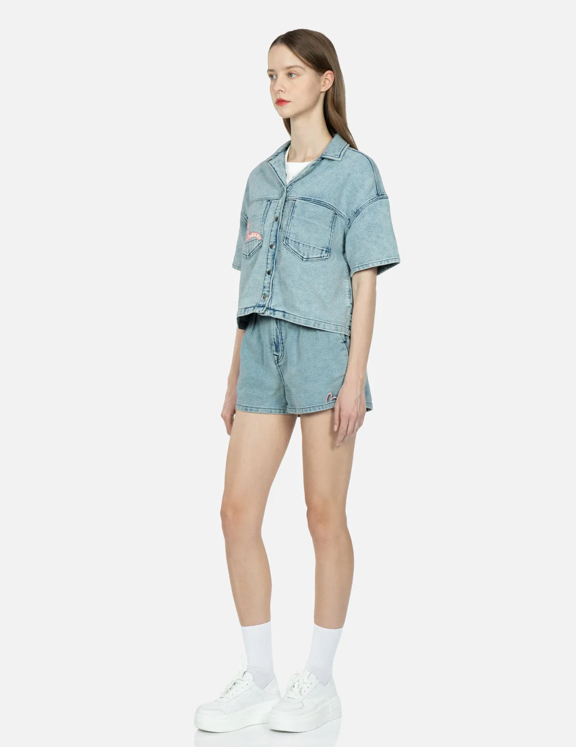 Seagull Embroidery Textured Jacquard Denim Shorts