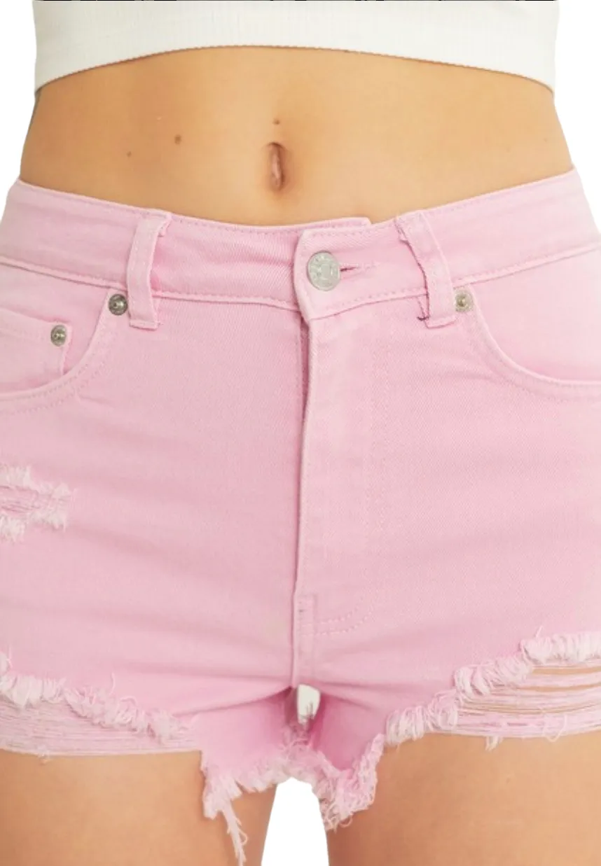 Trendy Pink Frayed High-Waisted Denim Shorts