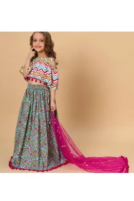 Turquoise Printed Top And Lehenga With Dupatta Set