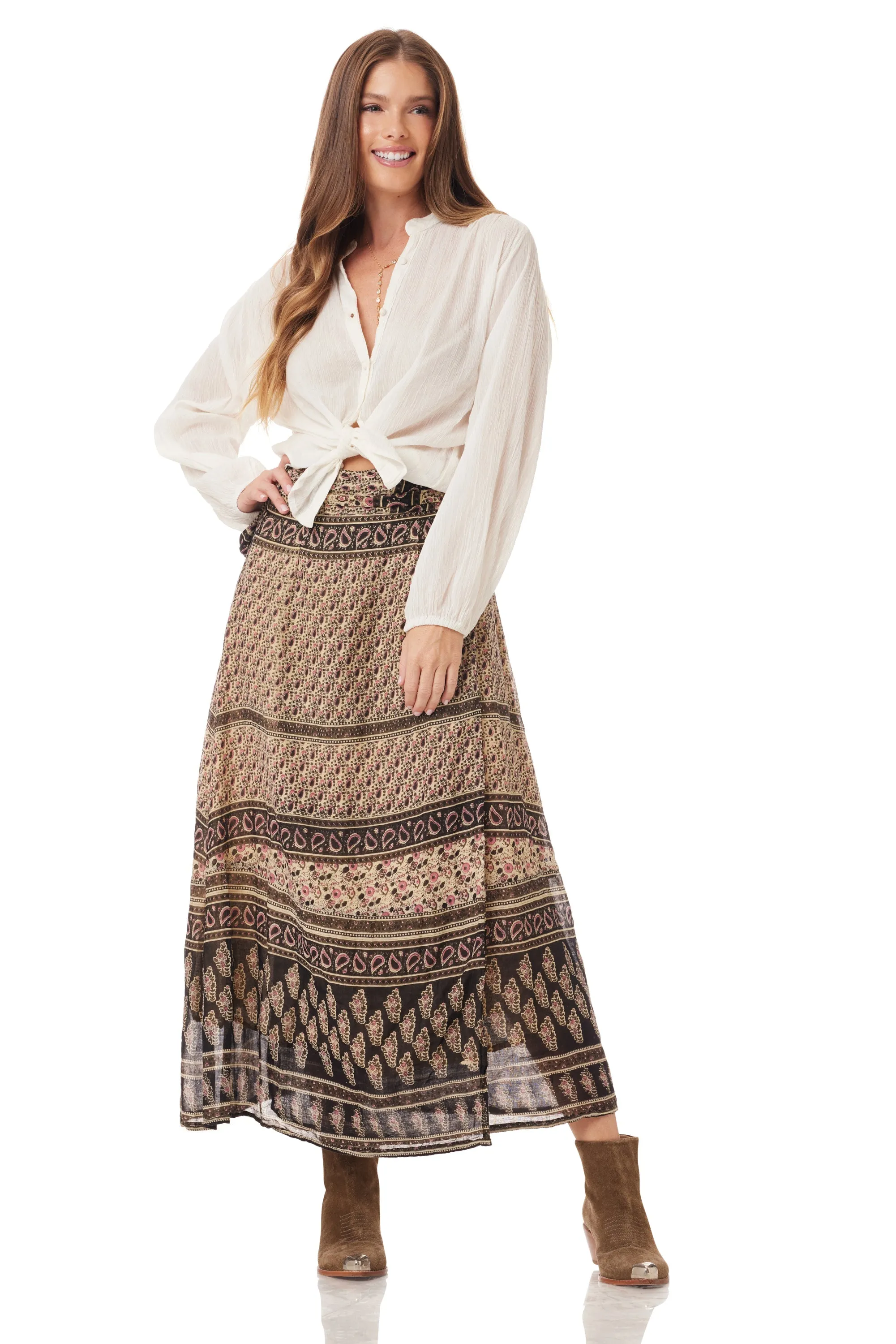 Vanessa Printed Maxi Wrap Skirt Vintage Brown