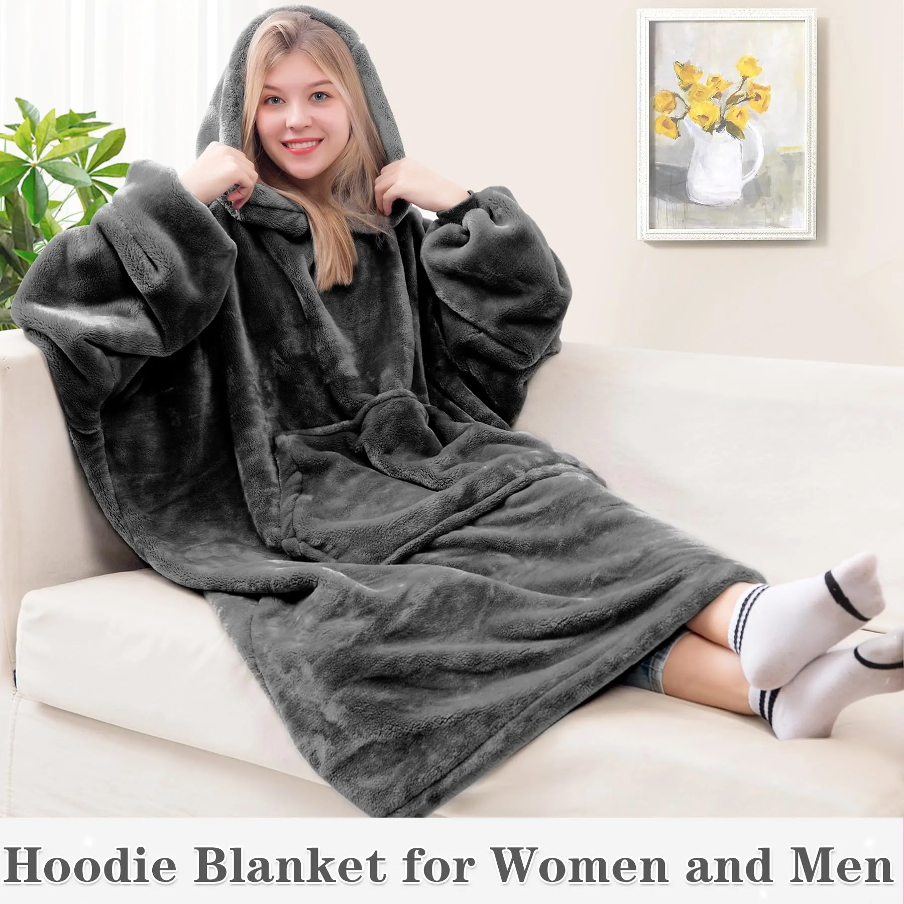 Waitu Wearable Blanket Sweatshirt for Women and Men, Super Warm and Cozy Big Blanket Hoodie, Thick Flannel Blanket with Sleeves and Giant Pocket - Dark Gray