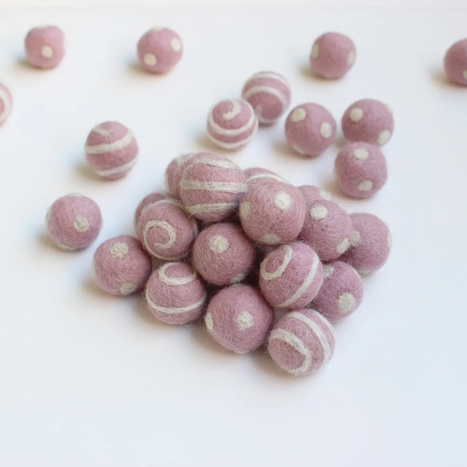 White On Light Pink Polka Dot Swirl Felt Balls