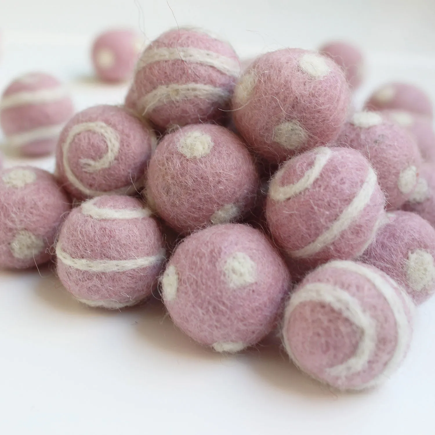 White On Light Pink Polka Dot Swirl Felt Balls