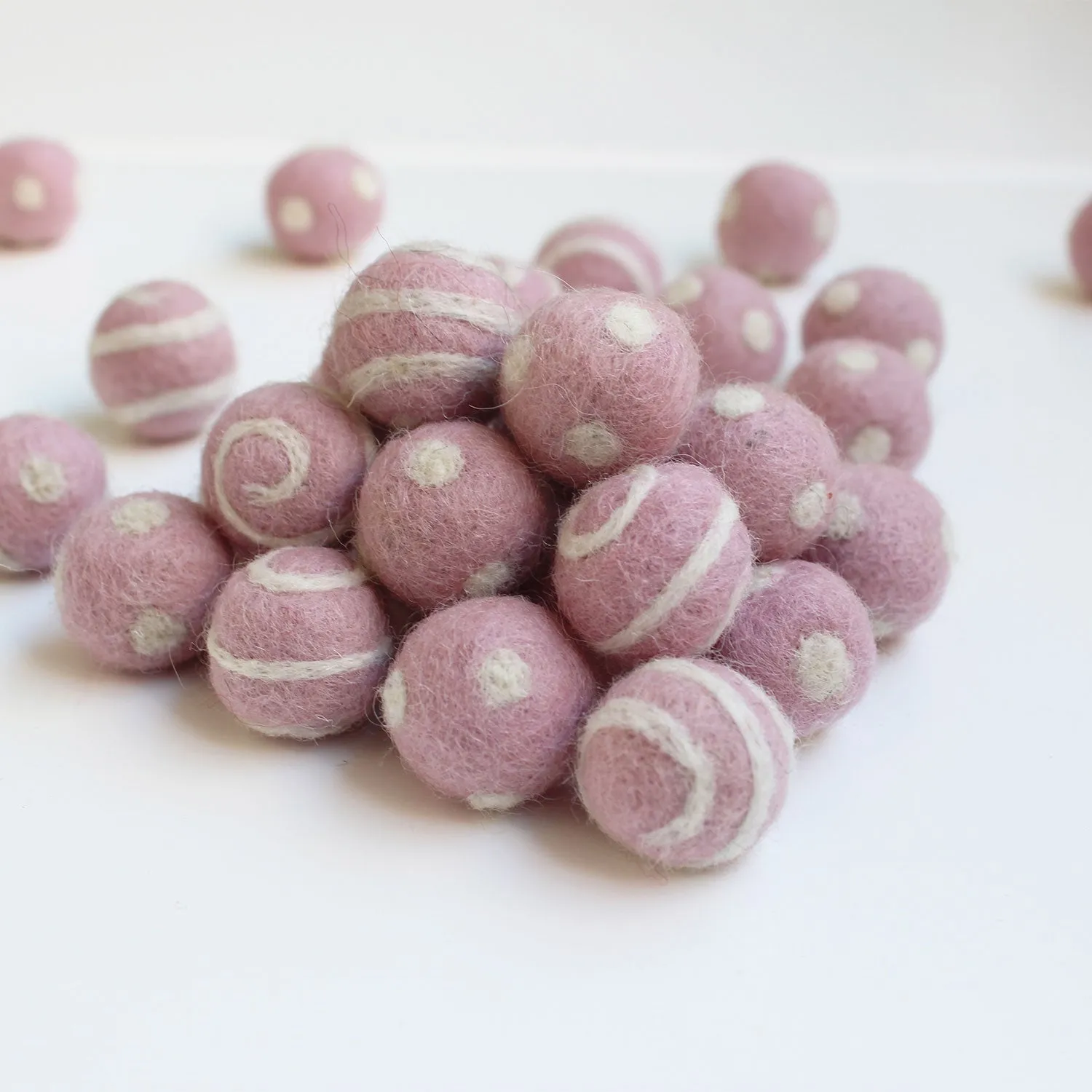 White On Light Pink Polka Dot Swirl Felt Balls