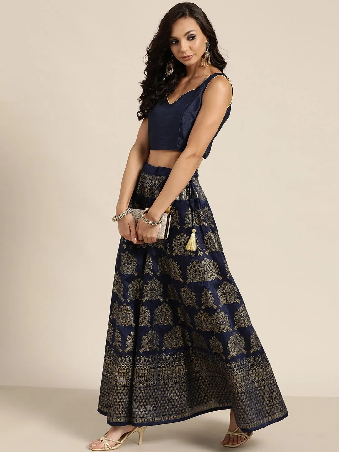 Women Navy Kali Foil Print Anarkali Skirt