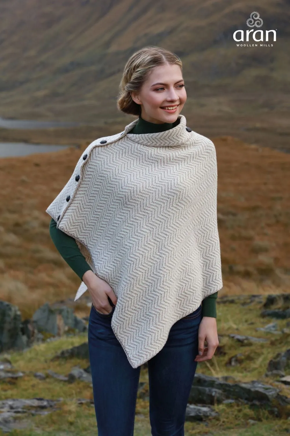 Women's Merino Wool Herringbone Poncho by Aran Mills