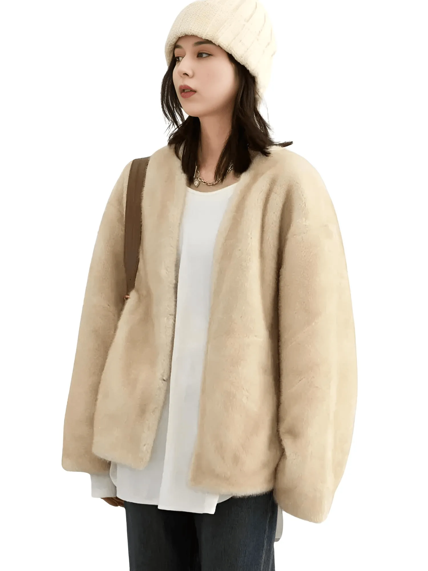 Women's Plush Jacket Loose Casual Solid Overcoat Female Coat V-Neck Woman Outerwear Autumn Winter