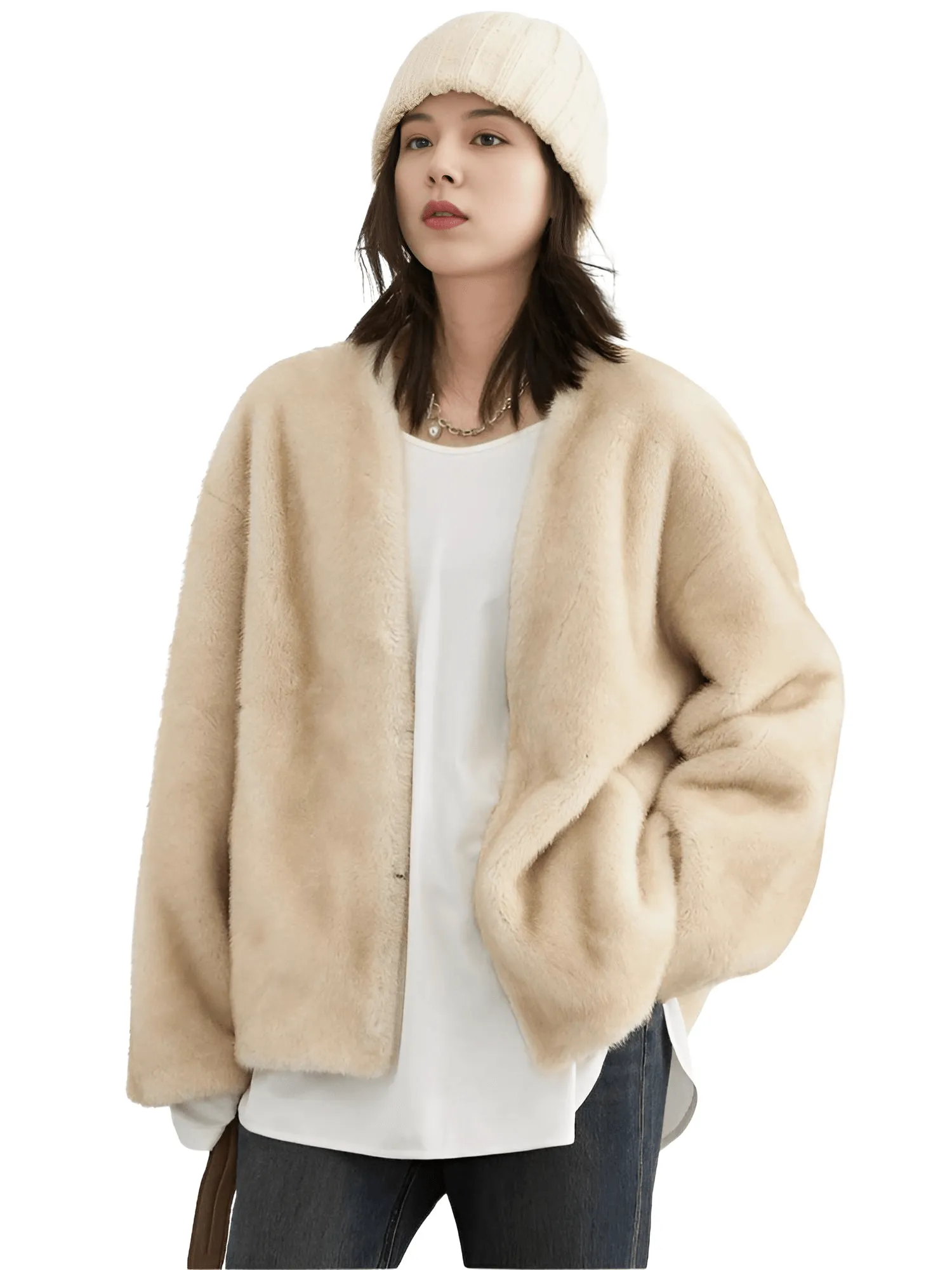 Women's Plush Jacket Loose Casual Solid Overcoat Female Coat V-Neck Woman Outerwear Autumn Winter