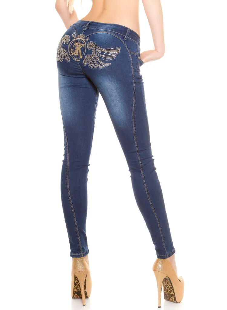 Women's Stylish Rhinestone embroidered dark blue Skinny jeans.